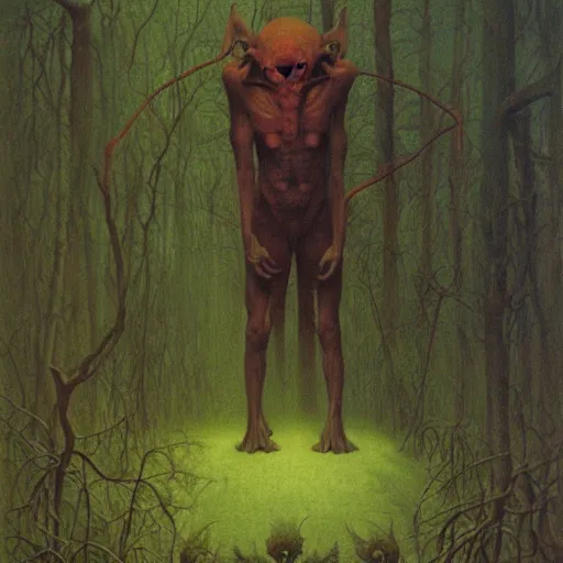 Image similar to forest goblin by Zdzisław Beksiński, oil on canvas