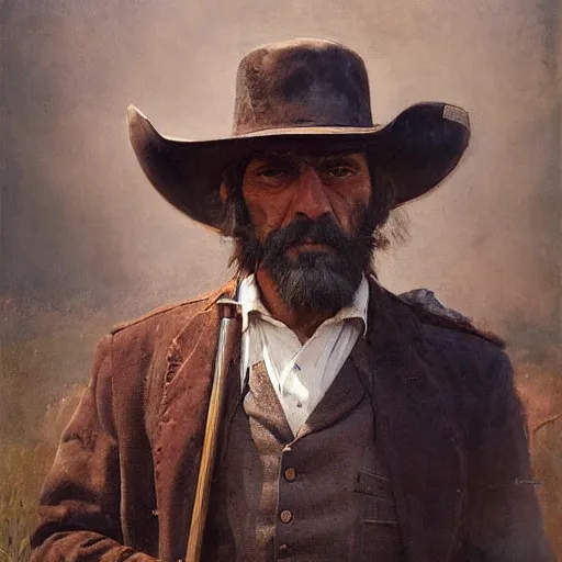 Image similar to Solomon Joseph Solomon and Richard Schmid and Jeremy Lipking victorian genre painting portrait painting of Royal Dano a rugged cowboy gunfighter old west character in fantasy costume, rust background