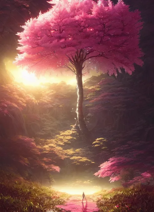 Image similar to Highly detailed Sakura tree, Stephen Bliss, unreal engine, fantasy art by Greg Rutkowski, Loish, Rhads, ferdinand knab, Makoto Shinkai and Lois van baarle, ilya kuvshinov, rossdraws, Tom Bagshaw, global illumination, radiant light, detailed and intricate environment