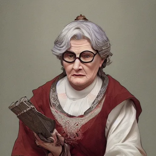 Prompt: mrs doubtfire as a cleric, d & d, fantasy, intricate, elegant, highly detailed, digital painting, artstation, concept art, matte, sharp focus, illustration, art by greg rutkowski and alphonse mucha