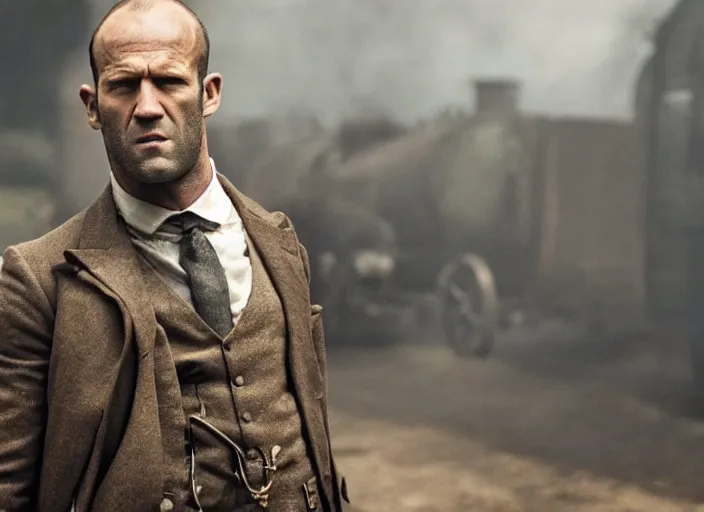 Image similar to film still of !!!!Jason Statham!!! as Thomas Shelby in Peaky Blinders, 4k