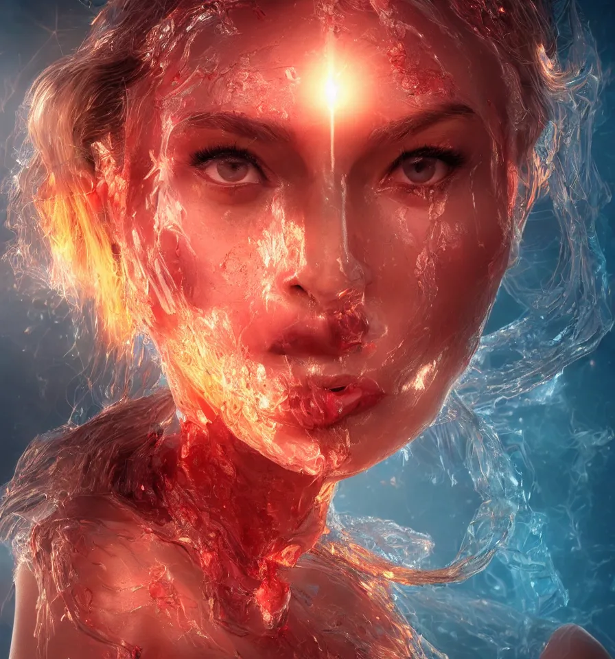 Prompt: a frontal face portrait of transparent and beautiful elegant elemental entity made of blood dna + dissolving into light + backlit + incredible lighting+ strong rim light + highly detailed + god rays + digital painting + HDRI, by Andon Hristov, vivid colors, high contrast, 8k resolution, intricate, photorealistic, smooth