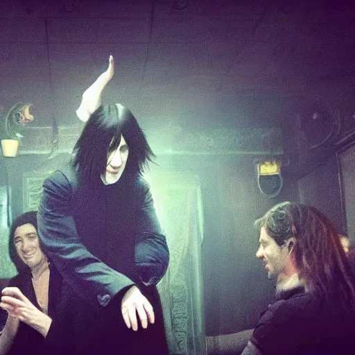 Prompt: Severus Snape dance in a bar, cheer by everyone, fish lens, neon, realistic, full body, very detailed, super realistic