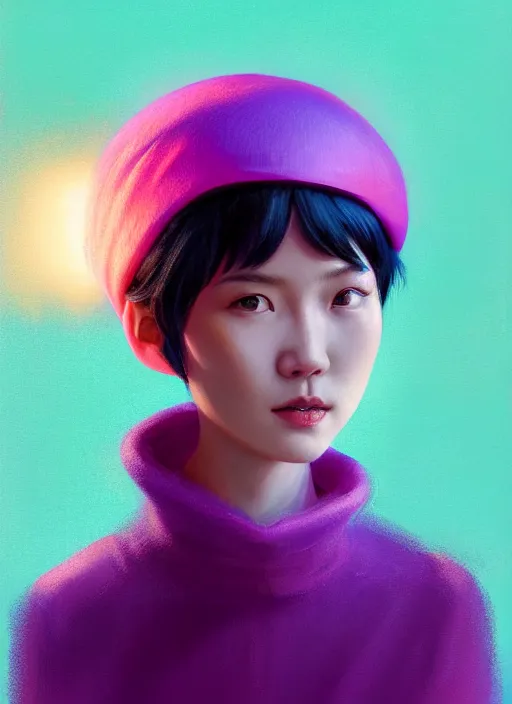 Image similar to portrait of chinese girl with bright pink hair, curly pixie cut hair, wearing a purple cap, breton cap, intricate, elegant, glowing lights, highly detailed, digital painting, artstation, concept art, smooth, sharp focus, illustration, art by wlop, mars ravelo and greg rutkowski