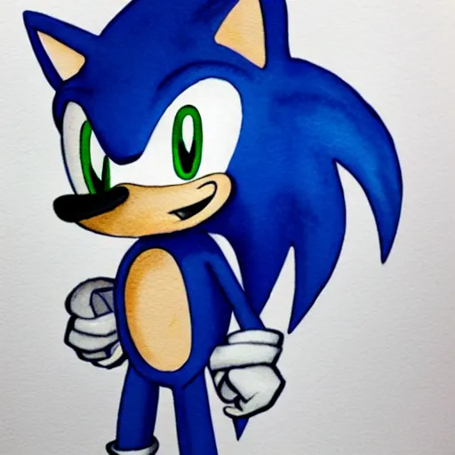 Prompt: a watercolor sonic the hedgehog, loose watercolor drawing
