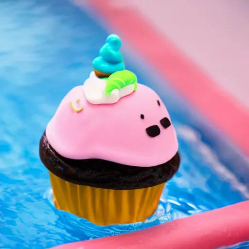 Prompt: a kawai cupcake character wearing a speedo about to dive in a swimming pool