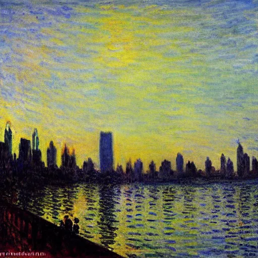 Image similar to the singapoore skyline painted by claude monet