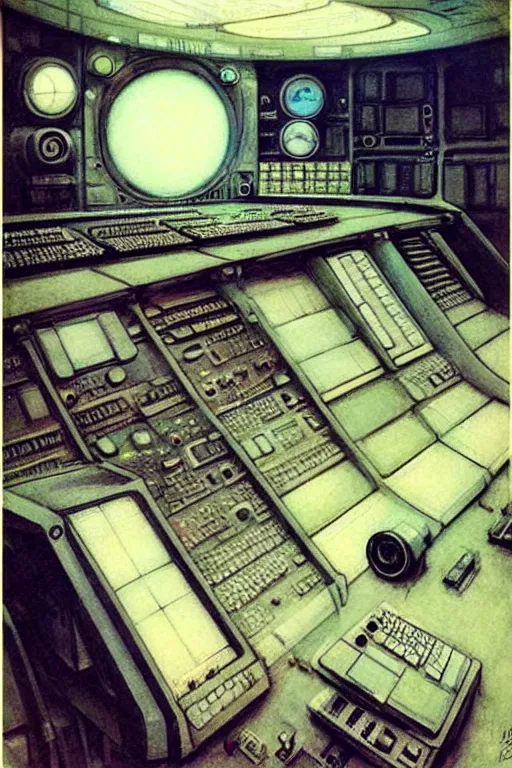 Image similar to (((((1950s spaceship bridge control room muted colors.))))) by Jean-Baptiste Monge !!!!!!!!!!!!!!!!!!!!!!!!!!!