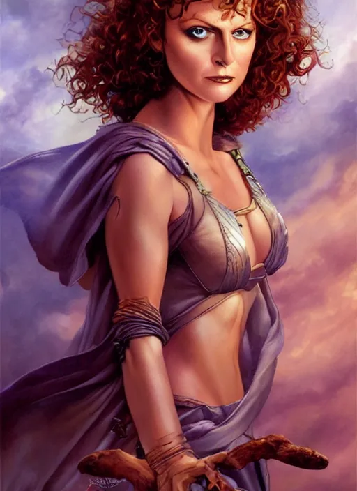 Prompt: a fantasy comic book style portrait of a stunning 19 year old witch who looks like young susan sarandon, oil painting by boris vallejo and julie bell and luis royo, full body portrait, hyper realistic, hd, intricate, elegant, character design, concept art, cinematic lighting