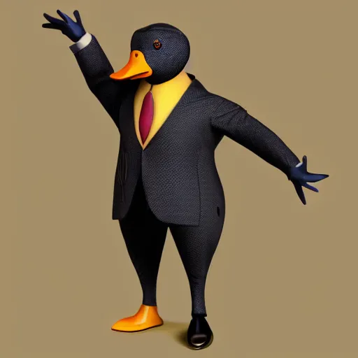 Image similar to a high detail photo of an antropomorphic duck wearing a suit, trending on artstation