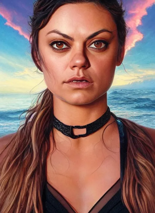 Image similar to Mila Kunis wearing black choker, epic portrait of a very strong muscled Amazon heroine, sun beams across sky, pink golden hour, stormy coast, intricate, elegance, highly detailed, shallow depth of field, epic vista, concept art, art by Artgerm and Donato Giancola, Joseph Christian Leyendecker