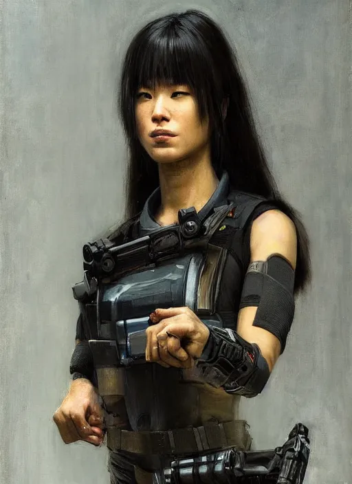 Image similar to Nikki tanaka. beautiful cyberpunk female USN marine wearing a military vest and activewear. (Cyberpunk 2077, bladerunner 2049). gorgeous face. Iranian orientalist portrait by john william waterhouse and Edwin Longsden Long and Theodore Ralli and Nasreddine Dinet, oil on canvas. Cinematic, hyper realism, realistic proportions, dramatic lighting, high detail 4k