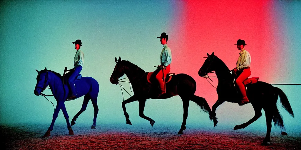 Image similar to color photograph men riding horses blue skin red light wide open vista 1 2 0 mm film highly detailed sharp zeiss lens 1. 8 high contrast chiaroscuro insane quality masterpiece detailed photograph by gottfried helnwein ryan mcginley robert mapplethorpe david armstrong david wojnarowicz