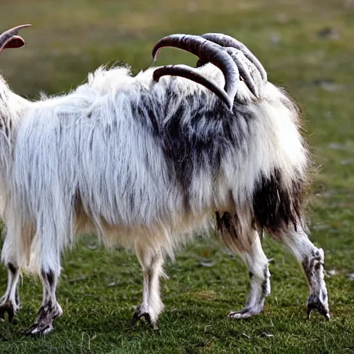 Image similar to horror, screeching mutant goat monster with big sharp teeth and filthy white matted fur