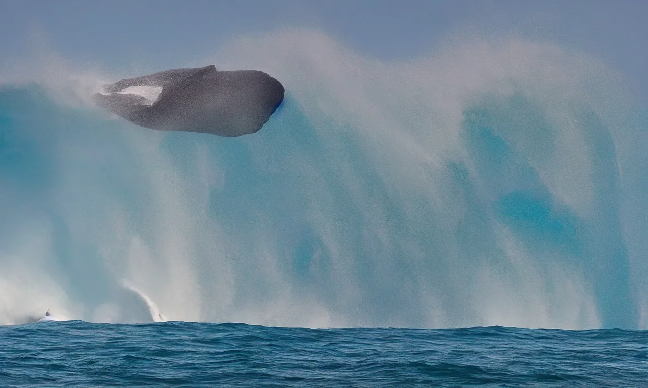 Prompt: dozens of gigantic whales surfing a big wave, photography by Hayden Richards, award winner, slow motion, refractions, summer, colored, nazare (portugal), 180mm, cinematic,