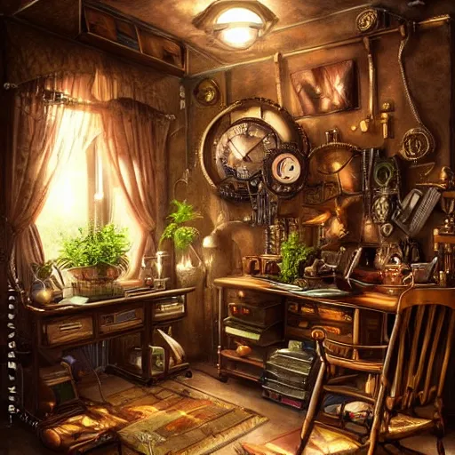 Prompt: very tidy steampunk home office overseeing a magical portal, plants, beautifully lit, very detailed painting, hyperrealism, trending on artstation