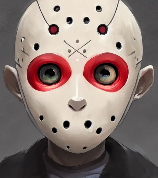 Image similar to beautiful little boy anime character inspired by jason voorhees, art by rossdraws, wlop, ilya kuvshinov, artgem lau, sakimichan and makoto shinkai, concept art, anatomically correct, extremely coherent, realistic, mask, smooth, hd, red eyes