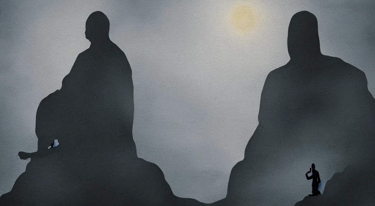 Prompt: visionary art painted style a lonely silhouette of a meditating monk sitting in the fog on a stone protruding from the water in the rays of the morning sun