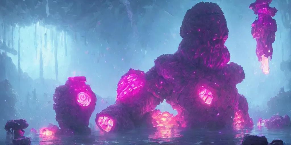 Image similar to giant golem made of crystal, bright pink purple lights, underwater, d & d, art by greg rutkowski