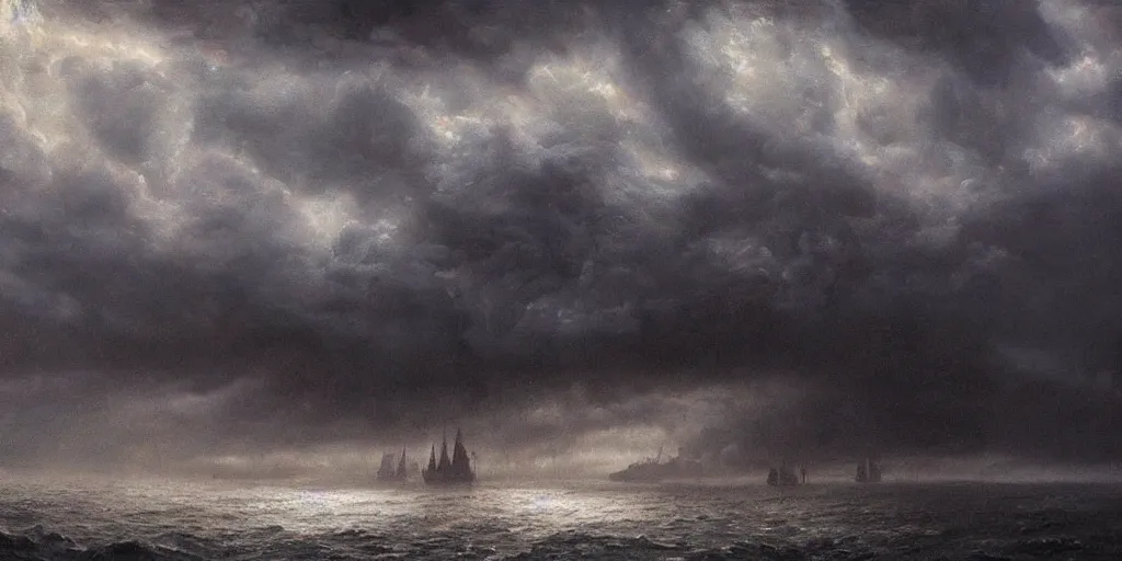 Prompt: Hyper realistic oil painting of a giant medieval ship, pillars of dark smoke rising from the ships, fire in the background, stormy weather, dark storm clouds above, highly detailed, fog, moody cinematic lighting, atmospheric, dark, by Greg Rutkowski, trending on artstation