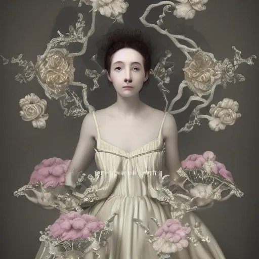 Image similar to 8k, octane render, realism, tonalism, renaissance, rococo, baroque, portrait of a young lady wearing long white and pale grey manga dress with flowers and skulls, background chaotic gold leaf flowers