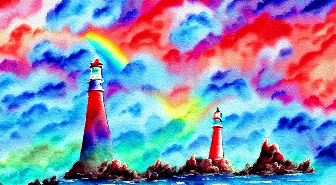 Image similar to A beautiful landscape with rainbow smoke plumes, cyan cliffs, a crimson lighthouse, vivid landscape, award-winning anime style, wallpaper, relaxing, Watercolor expressionist