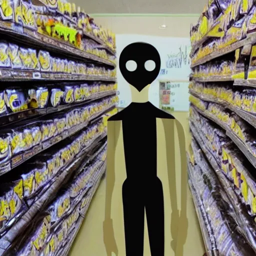 Image similar to slenderman, slenderman is selling vegemite, dark and eerie, found footage