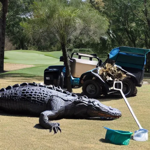 Image similar to one large alligator chained up next to a very large mound of trash, papers, junk, and golf cart parts