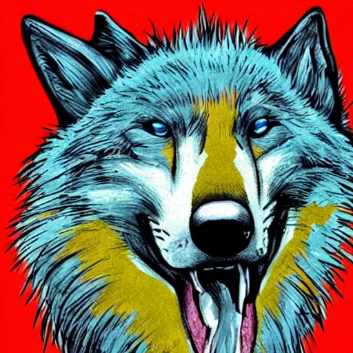 Image similar to portrait of retarded wolf, retard, rabies propaganda style, vivid colors, detailed