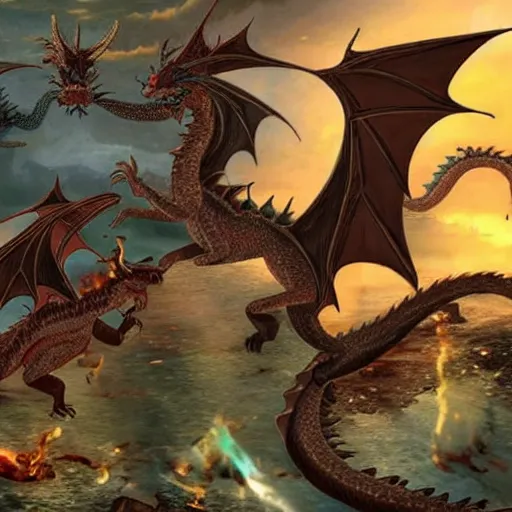 Prompt: photo of dragons fighting over a destroyed village