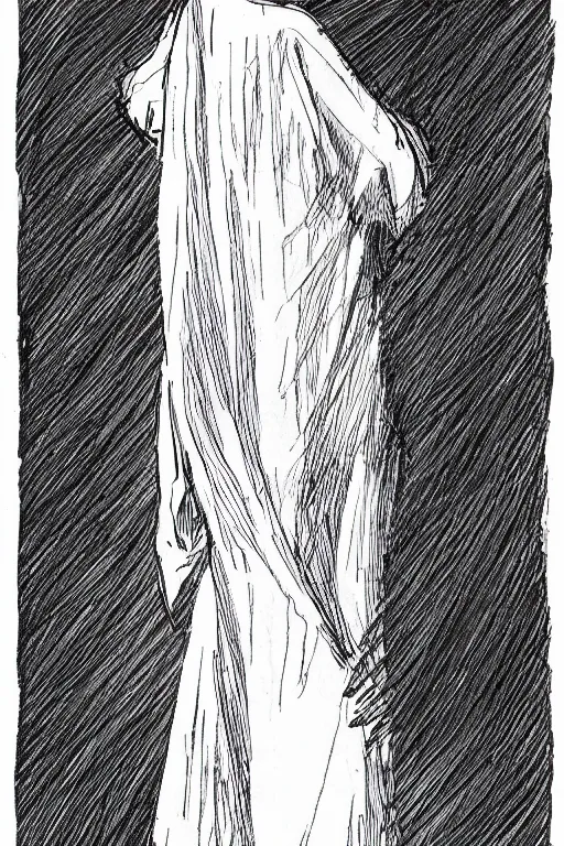 Image similar to ink lineart drawing of beautiful woman in a nightgown, white background, etchings by goya, chinese brush pen illustration, high contrast, deep black tones, contour