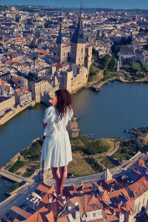 Prompt: a beautiful picture of overlook of medieval city, a girl stands on top of a bridge, detailed, 8 k