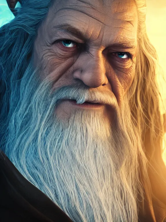 Image similar to Evil Gandalf 8k ultra realistic , lens flare, atmosphere, glow, detailed, intricate, full of colour, cinematic lighting, trending on artstation, 4k, hyperrealistic, Long shot, extreme details, unreal engine 5, cinematic, masterpiece