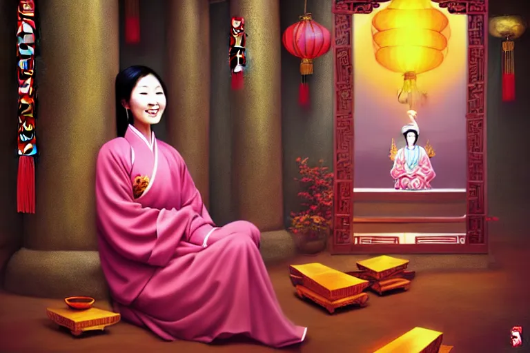 Prompt: vietnamese smiling sitting priestess, professional award - winning photo mystical chinese temple night, tea vapors, detailed soft digital fantasy art