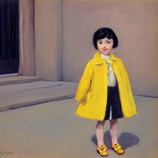 Image similar to a painting of a little girl with short black hair and wearing a yellow coat alone in the inner courtyard of an abbey by hopper