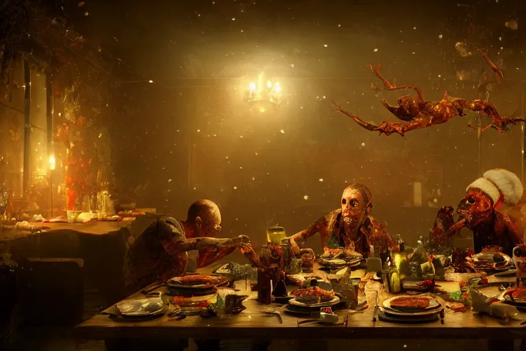 Prompt: the most amazing dream you ever had about zombies christmas dinner, hyper realistic, ambient lighting, concept art, intricate, hyper detailed, smooth, dynamic volumetric lighting, octane, cinematic