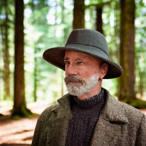 Prompt: portrait of a man with hat made of moss, 4k, 35 mm lens, high details, natural light, Forrest in background