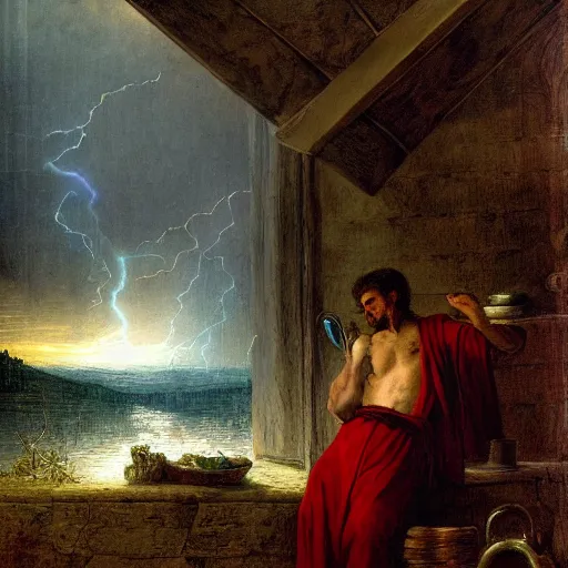 Image similar to A biblical painting of Jacob Washing dishes next to a window by Gustave Doré, Scenic, Dramatic, lightning storm in background