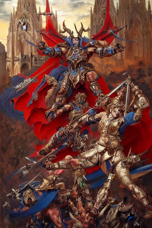 Image similar to epic warhammer battle between human warriors mages and demons, inside cathedrals and abbeys, fullbody!! dynamic action pose, religious, intricate, elegant, highly detailed, digital painting, artstation, concept art, smooth, sharp focus, red and blue color scheme, illustration, art by artgerm and greg rutkowski and alphonse mucha