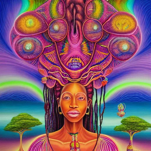 Image similar to a regal and heroic african queen with colorful dreadlocks sitting in a cabana near a pink river with a large glowing baobab tree in the center, by amanda sage and alex grey and evgeni gordiets in a surreal psychedelic style, symmetrical, detailed eyes, oil on canvas 8k, hd