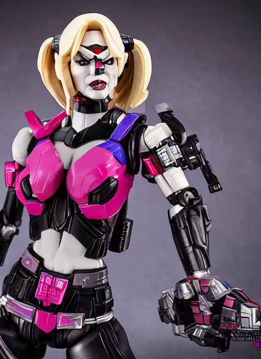 Prompt: Transformers Decepticon Harley Quinn action figure from Transformers: Robots in Disguise (2015), symmetrical details, by Hasbro, Takaratomy, tfwiki.net photography, product photography, official media