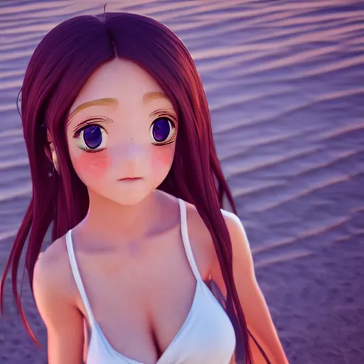 Prompt: Render of a very beautiful 3d anime girl, full body, long hair, hazel eyes, cute freckles, full round face, short smile, cute sundress, golden hour, serene beach setting, medium shot, mid-shot, highly detailed, trending on Artstation, Unreal Engine 4k