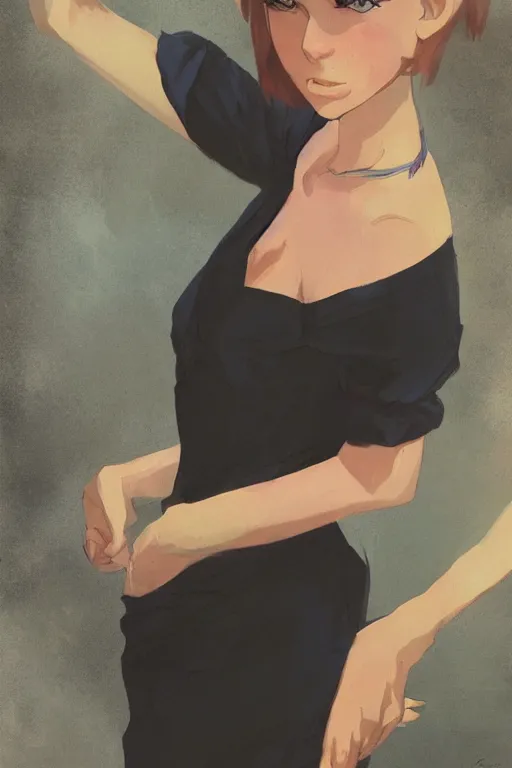 Image similar to beautiful woman with ginger hair and bright blue eyes, black dress, by ilya kuvshinov, krenz cushart, Greg Rutkowski, trending on artstation