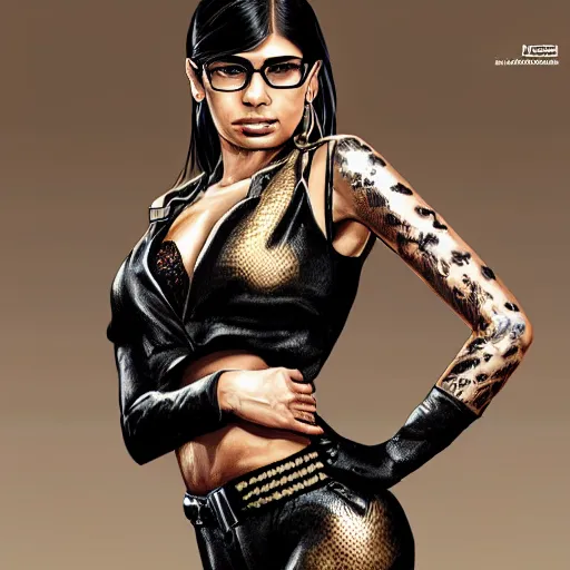 Image similar to Mia Khalifa in gold suit jacket in snake print, jacket over bare torso, yakuza tattoo on body, black long haircut, black leather pants with black belt, elegant, ultra highly detailed, digital painting, smooth, sharp focus, artstation, art by artgerm, rossdraws