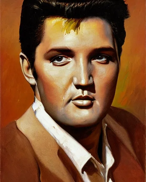Image similar to painterly portrait, Elvis Presley, impasto, fantasy, chuck close:7, carl spitzweg:7, cinematic light, full face, symmetrical face