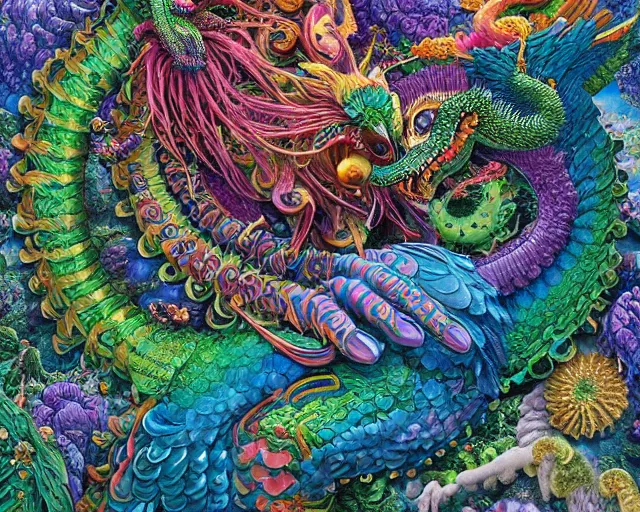 Prompt: intricate detailed flower covered quetzalcoatl. lisa frank, james gurney, dan luvisi, petros afshar, tim hildebrandt, liam wong, mark riddick, thomas kinkade, ernst haeckel, dan mumford, wlop, cgsociety by gediminas pranckevicius, trending on cgsociety and deviantart