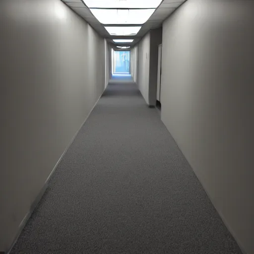 Prompt: an empty office hallway, dark, craigslist photo