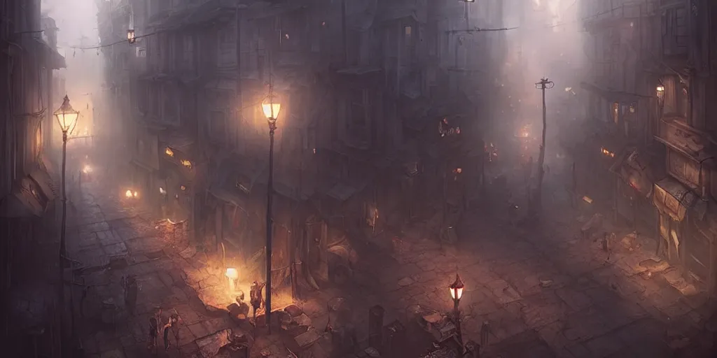 Image similar to dark town street by bastien lecouffe - deharme and charles bowater, greg rutkowski, adventure game, high angle, inspired by diablo concept art