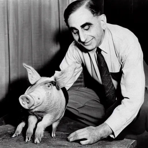 Image similar to edward teller petting a pig in an office at the manhattan project 1 9 4 4 high - quality archive photo