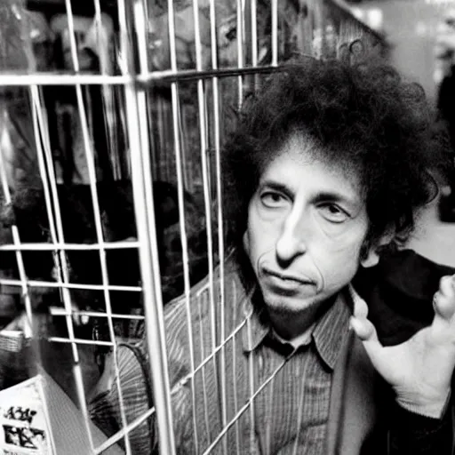 Image similar to bob dylan in a small cage at a pet store, his cage has a price tag